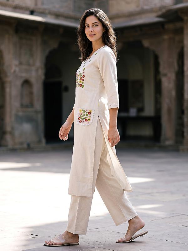 VP 9932 O Women’s Khadi Cotton Thred Embroidered Straight Kurta Pant Set